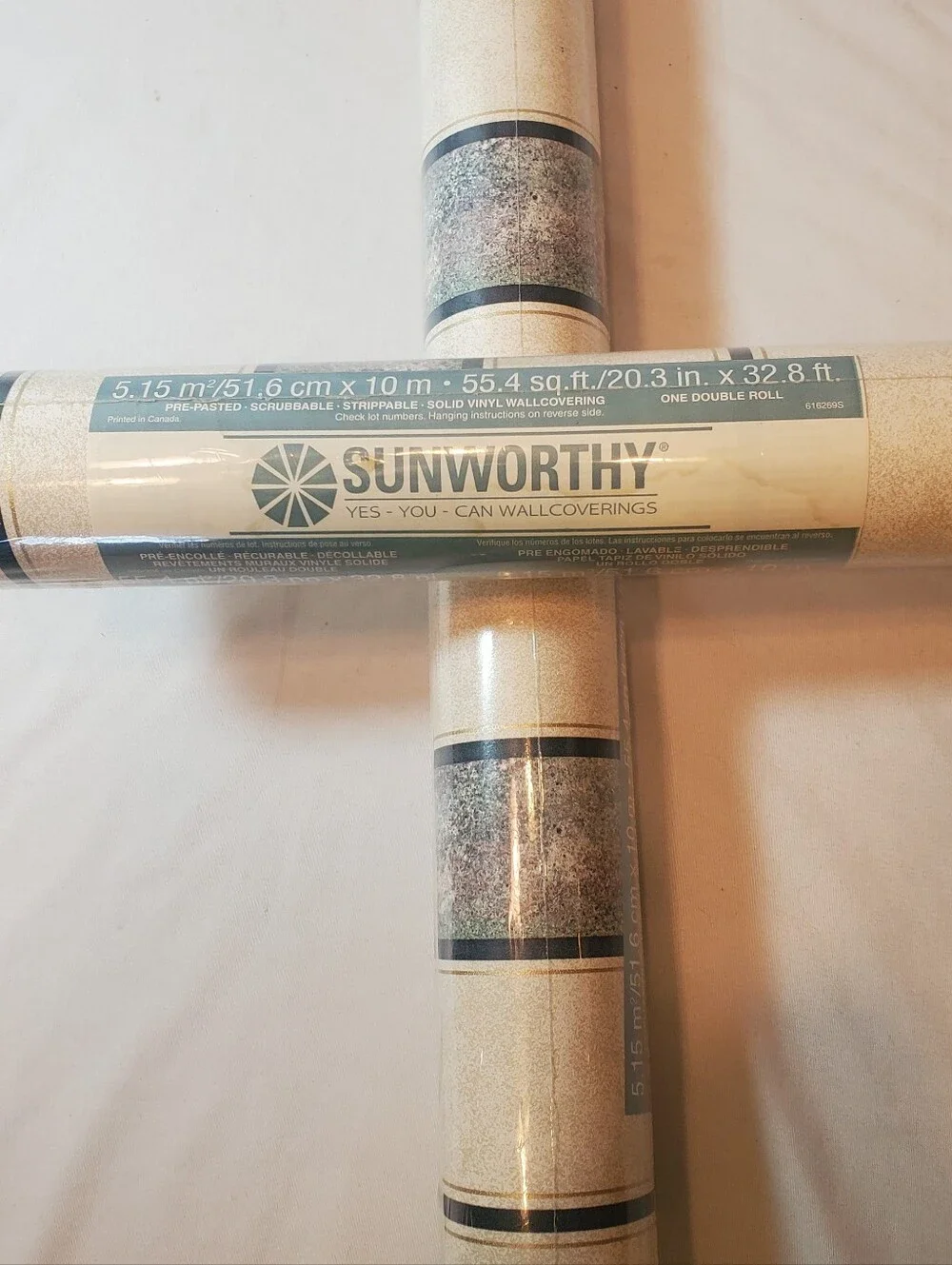 Sunworthy Vtg Striped Vinyl Wallpaper Double Roll 55.4 Sq Ft Ea, Lot Of 2 Rolls